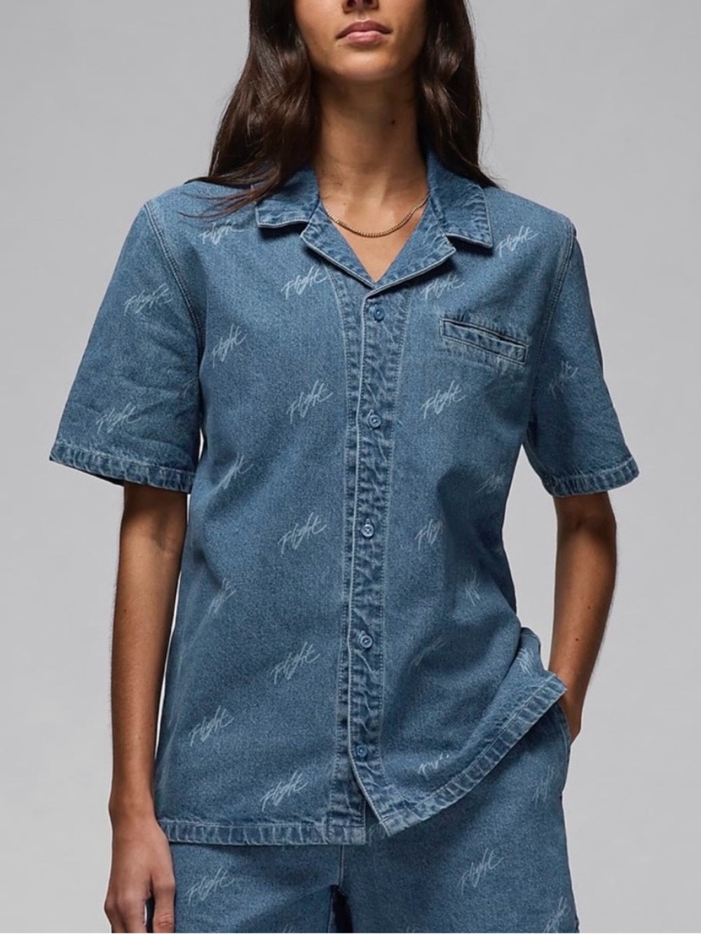 Nike Jordan Flight Heritage Denim Short-Sleeve Button-Down Shirt Size Small NWOT